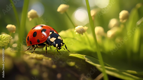 Ladybug sits on grass covered with dew drops, front view.