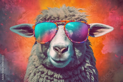 sheep in stylish sunglasses takes center stage in a colorful abstract masterpiece