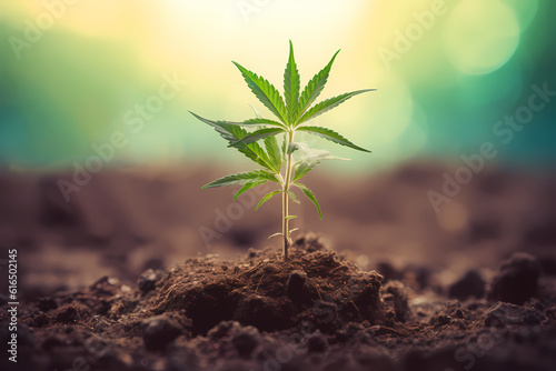 A young cannabis plant is growing out of soil-Generative AI