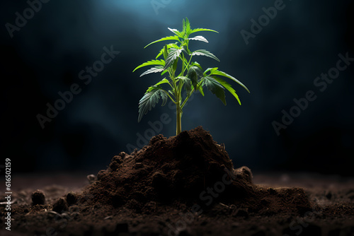 A young cannabis plant is growing out of soil-Generative AI