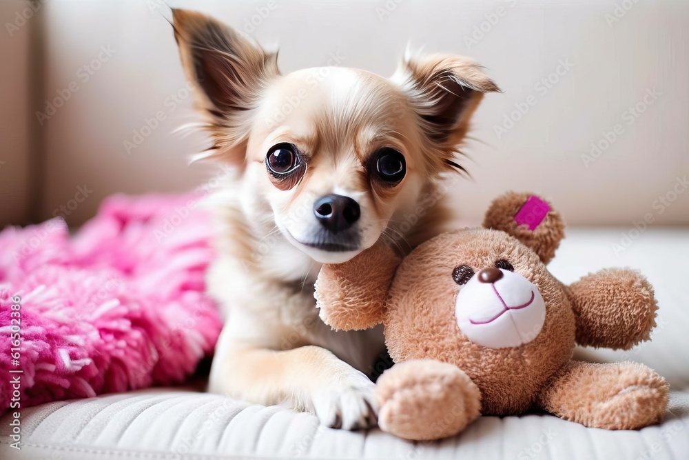 Chihuahua Enjoying a Fun Moment with a Colorful Toy, Ideal for Capturing the Joyful Playfulness of Small Dog Breeds and Pet Companionship Concept Chihuahua Enjoying a Fun Moment with a Colorful Toy, Ideal for Capturing the Joyful Playfulness of Small Dog Breeds and Pet Companionship Concept