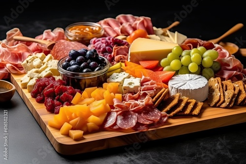 Lavish Charcuterie Board with an Exquisite Assortment of Meats, Cheeses, Fresh Fruits, and Artisanal Accompaniments, Perfect for Culinary Excellence and Fine Dining Concept