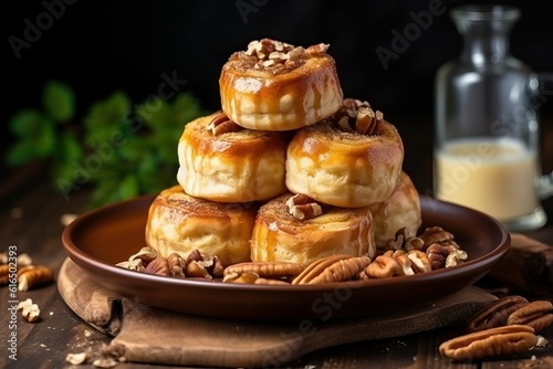 Cinnamon Buns Glistening with Rich Icing and Topped with Crunchy Pecans, a Tempting Image of Irresistible Bakery Delights Perfect for Food Enthusiasts and Dessert Lovers photo