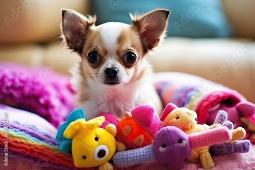 Chihuahua Enjoying a Fun Moment with a Colorful Toy  Ideal for Capturing the Joyful Playfulness of Small Dog Breeds and Pet Companionship Concept