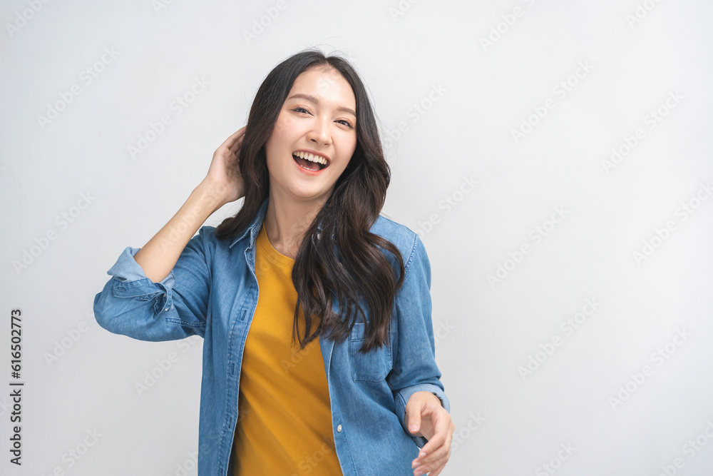 Smile positive, attractive asian young woman wearing casual, portrait of beautiful brunette her with long hair, feeling happy looking at camera, standing cross arms chest isolated on white background. Smile positive, attractive asian young woman wearing casual, portrait of beautiful brunette her with long hair, feeling happy looking at camera, standing cross arms chest isolated on white background.
