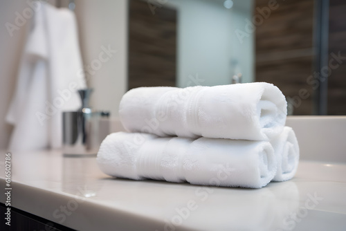 Clean towels on bathroom marble table, Generative AI © Kenishirotie