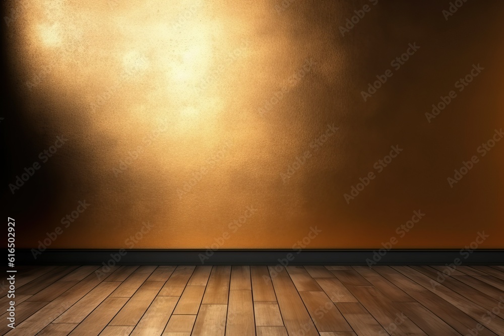 Dark and golden empty wall for background, empty room with wooden floor and wall