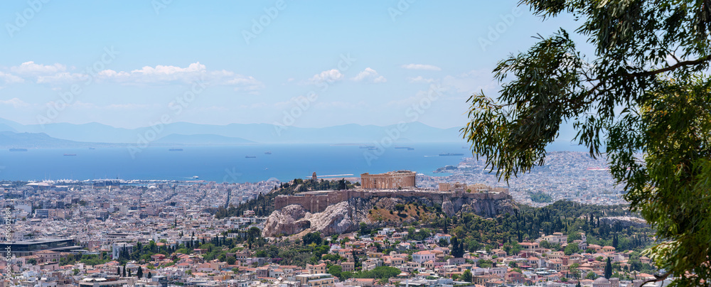 Greece Acropolis city of Athens parthenon, symbol of ancient, panorama of residential buildings at sunrise summer. World Heritage sites.