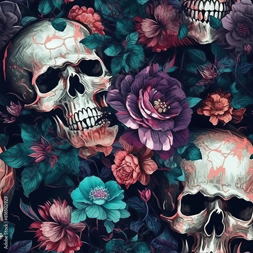 Skull and flowers colorful seamless repeat pattern
