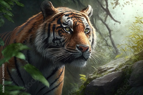 A focused photo of a Bengal tiger  staring at the beauty of nature  generated by AI