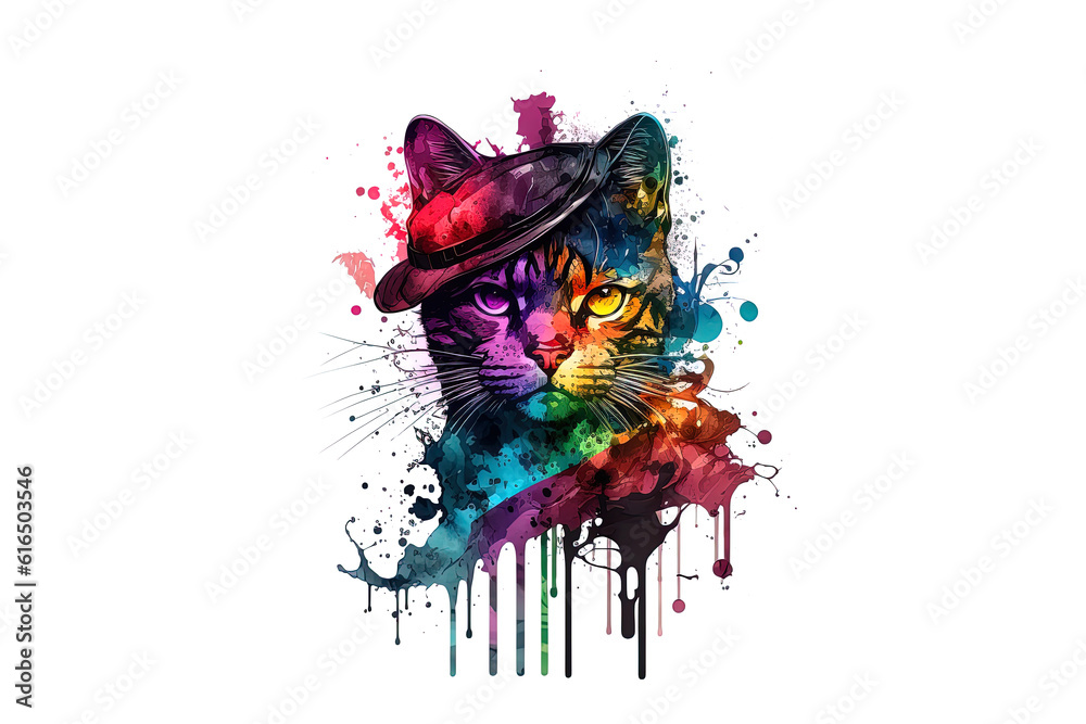 Fototapeta premium cat in a hat drawn with colored watercolors isolated on a white background. Generated by AI