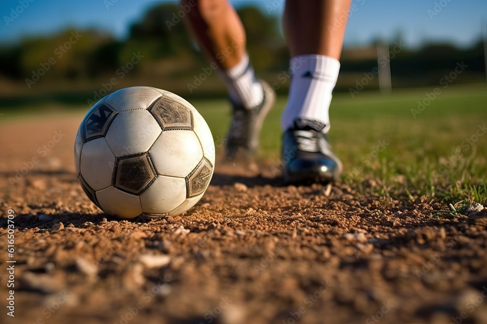 Fototapeta premium Football player dribbling, focus leg (Ai generated)