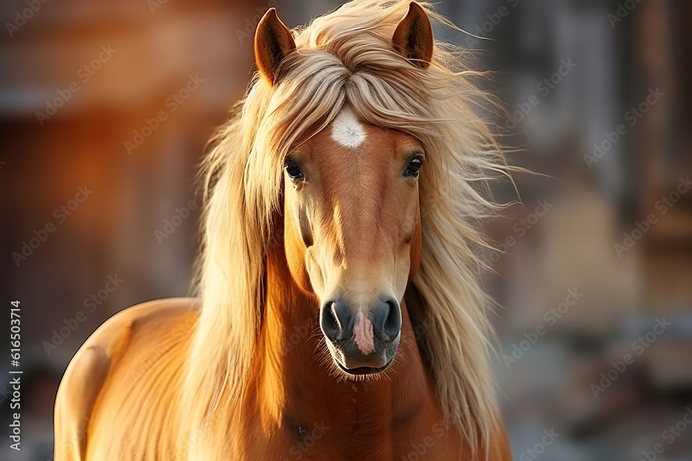 Close-up portrait of a brown horse or mare with a blonde mane at sunset. - obrazy, fototapety, plakaty 
