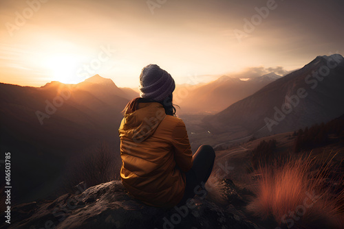 The woman is sitting on a rock overlooking the mountains, Generative AI 1
