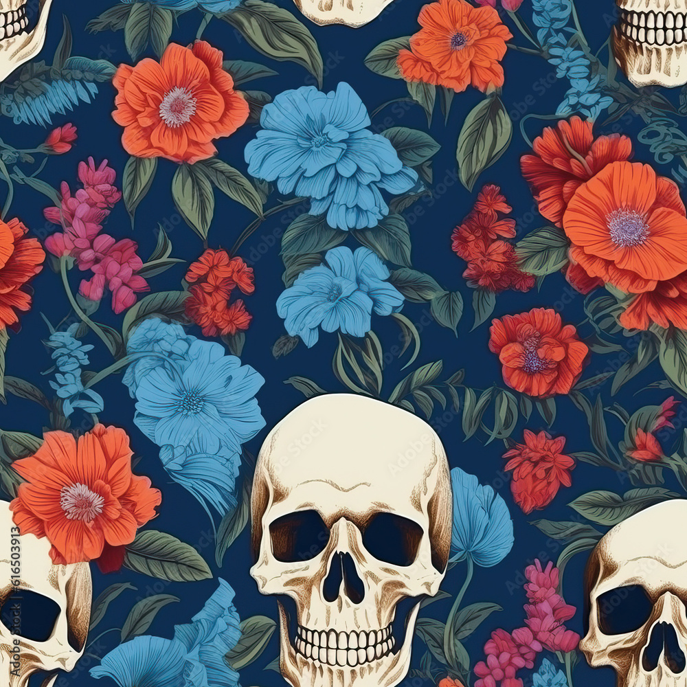 Skulls and flowers seamless repeat pattern