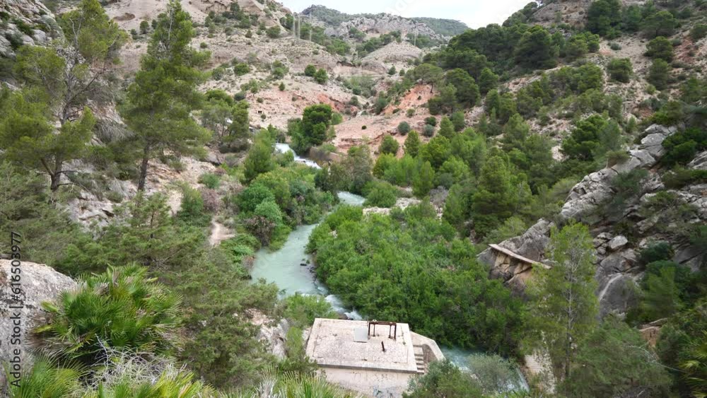 Panoramic landscape views looking over the El Chorro gorge from the El Caminito del Rey walkway Panoramic landscape views looking over the El Chorro gorge from the El Caminito del Rey walkway