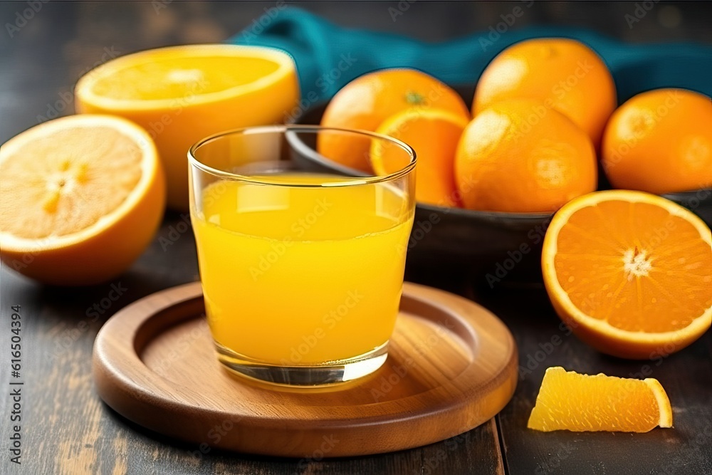 Orange juice with sliced orange, Freshly squeezed fruit drink (Ai generated) Orange juice with sliced orange, Freshly squeezed fruit drink (Ai generated)