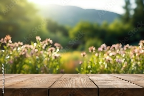 Wooden floor with flower field beautiful nature background (Ai generated) © thesweetsheep