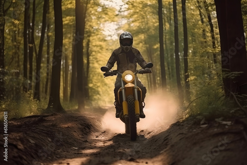 Rider driving motorcycle through forests roads, Generative AI © Kenishirotie
