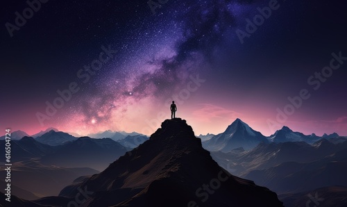 A person silhouette in on top of a mountain with milky way in sky created with Generative AI technology.