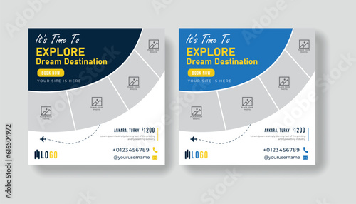 Summer vacation social media post template. Holiday package design and web banner for for travel agency.