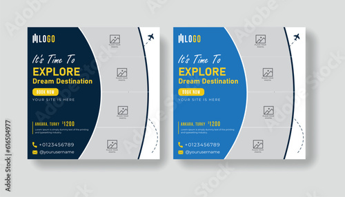 Summer vacation social media post template. Holiday package design and web banner for for travel agency.