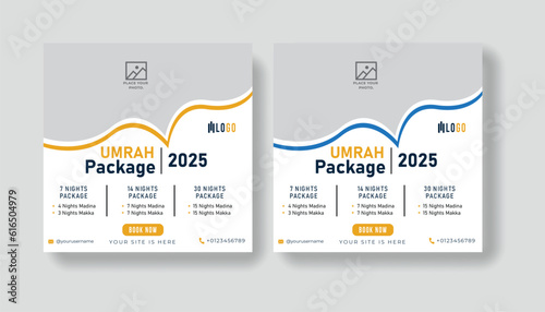 Islamic social media post design. Hajj and Umrah package web banners for travel agencies.