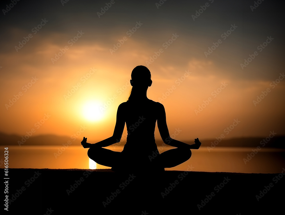 Woman in Yoga pose position with serene sun set over ocean.
Woman in Yoga pose position with serene sun set over ocean.