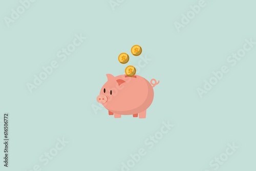 Piggy bank. Money box with falling gold coins. © Huiming