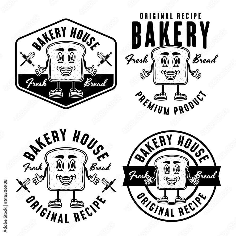 Bakery house set of vector monochrome emblems, badges, labels or logos with bread slice smiling cartoon character isolated on white background