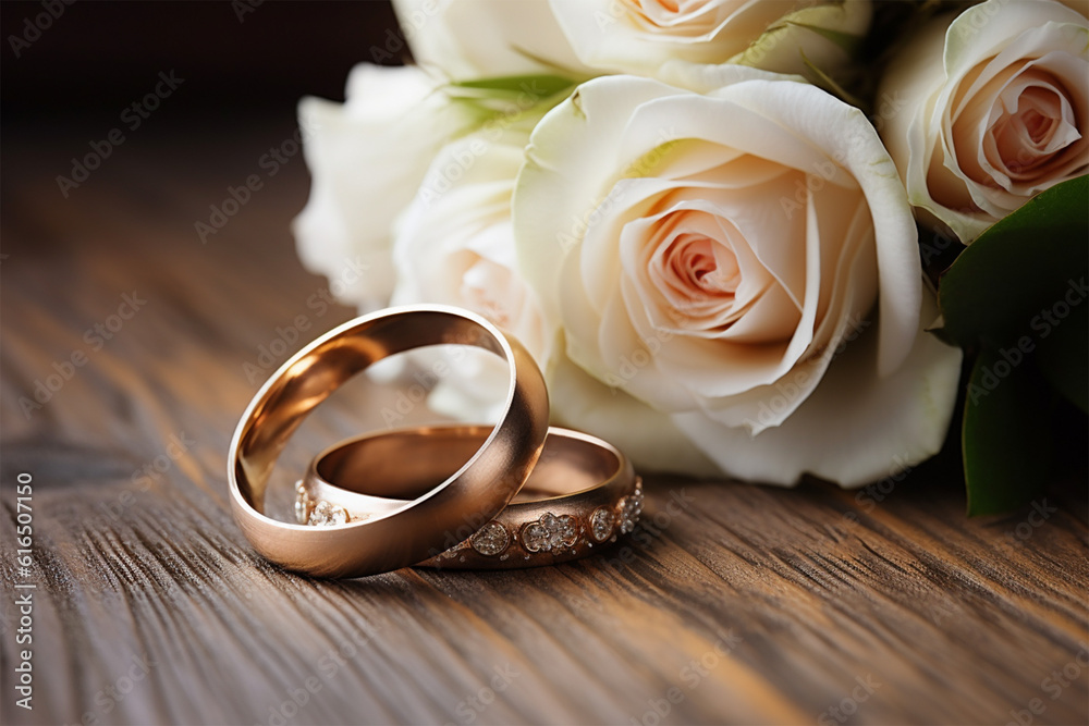 Golden wedding rings lie on wood flooring Golden wedding rings lie on wood flooring