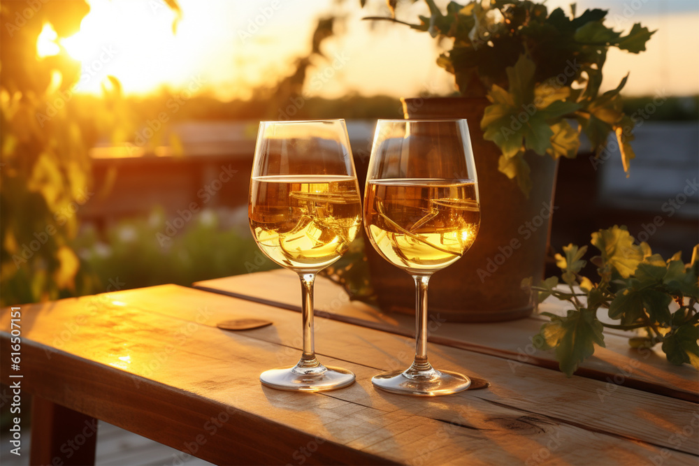 glasses of white wine served on wooden planks. Beautiful background. closeup in warm sunset light glasses of white wine served on wooden planks. Beautiful background. closeup in warm sunset light