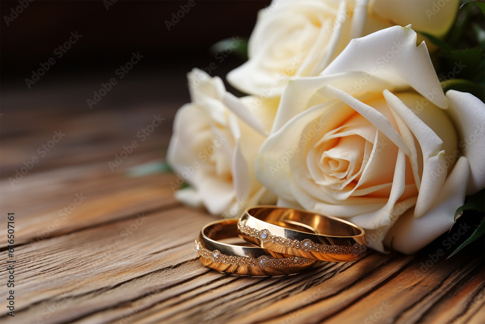 Golden wedding rings lie on wood flooring Golden wedding rings lie on wood flooring