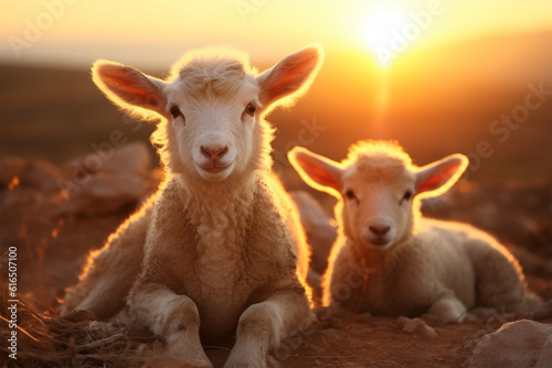 sheep grazing on vast mountain slope in warm sunset light , Eid-al-Adha concept