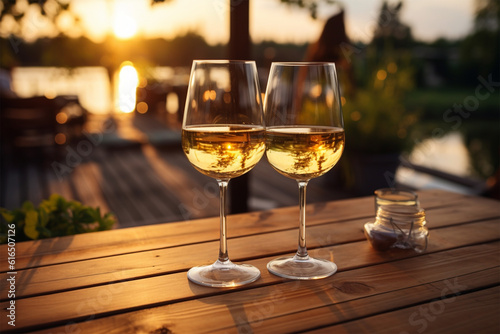 glasses of white wine served on wooden planks. Beautiful background. closeup in warm sunset light 