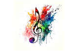treble clef drawn with colored watercolors isolated on a white background. Generated by AI.