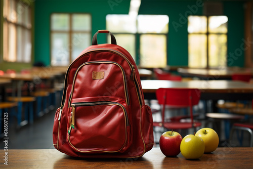 School backpack on table in classroom 