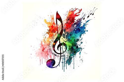 treble clef drawn with colored watercolors isolated on a white background. Generated by AI. photo
