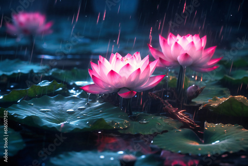 purple lotus flowers in dark water