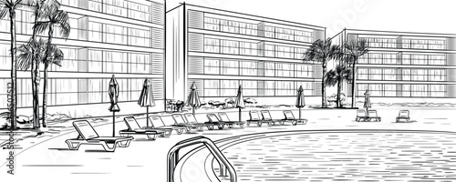 Condominium with swimming pool. Houses with territory and tropical plants, palm trees. Line drawing, hand drawn Panoramic architecture vector sketch. Lux multistory apartment buildings near the sea