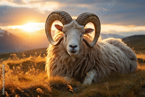 Icelandic sheep Ram with magnificent corkscrew horns laid in the grass n field in warm sunset light , Eid-al-Adha concept 