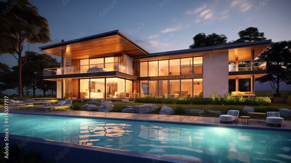 A modern house with a swimming pool and a spacious deck, inviting relaxation and leisure ,Ganerative AI.
