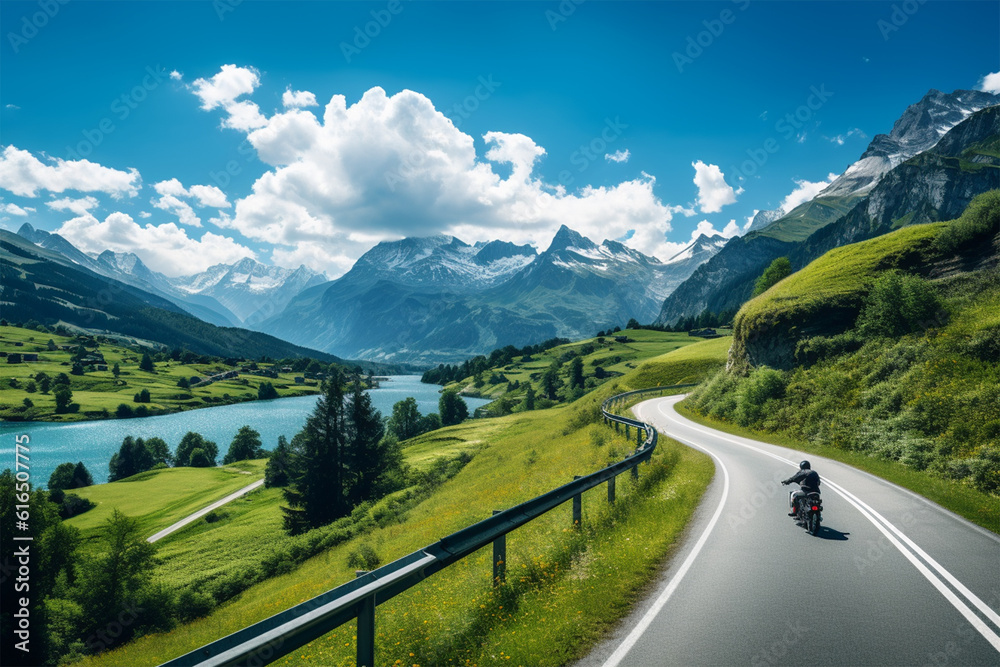 Motorcycle driver on an Alpine freeway