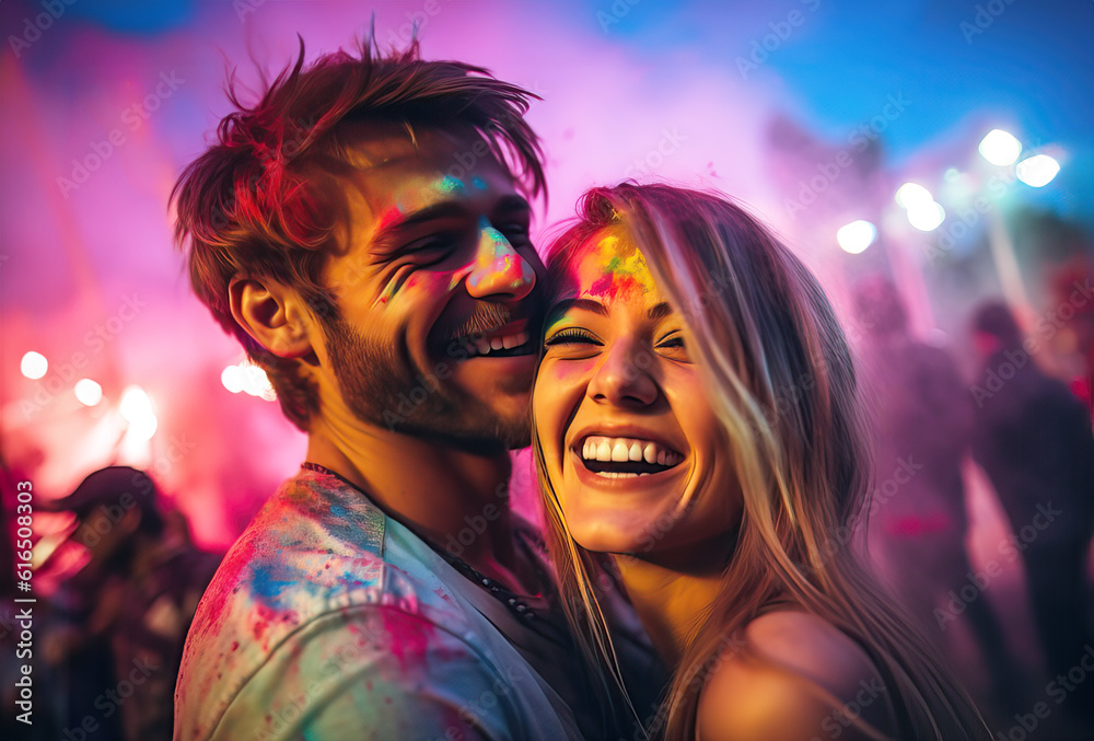 A young Caucasian couple smiles at a festival of colours , having super fun A young Caucasian couple smiles at a festival of colours , having super fun
