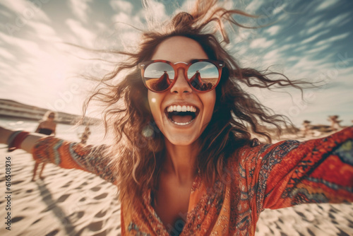 Portrait of happy woman in sunglasses, smiling and raising her hands. Woman enjoys life. Freedom and carelessness. Created with Generative AI