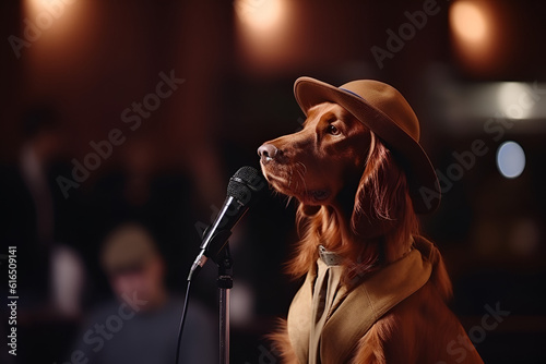 irish setter singing on the stage of the concert hall. photo