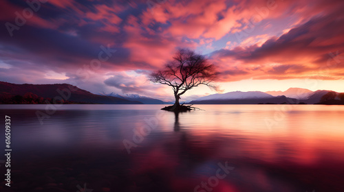 Beautifully alone Wanaka tree in Wanaka Lake, New Zealand during sunset.