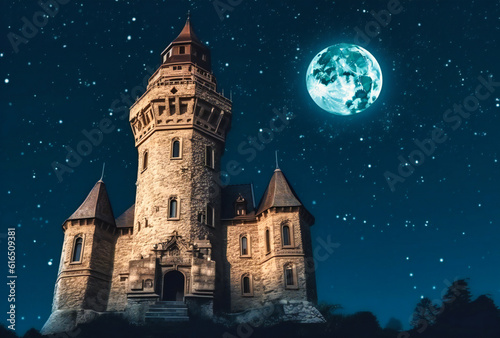 tower of fairytale castle at night with moon and starry sky