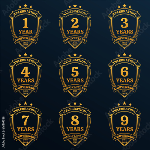 1, 2, 3, 4, 5, 6, 7, 8, 9 years anniversary icon or logo set. Jubilee celebration, company birthday golden badge or label. Vintage banners with shield and ribbon. Vector illustration.