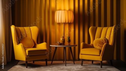 A set of yellow armchairs and a ceiling lamp Generative AI.
